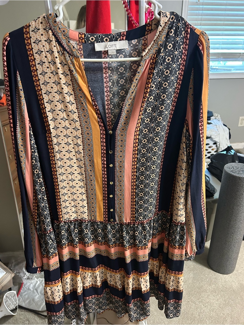 LOFT Navy, Coral and Cream Printed Long-Sleeve Tiered Dress